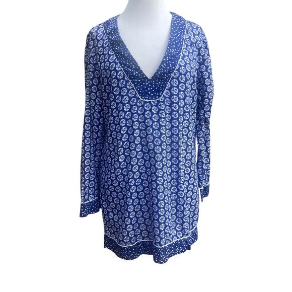 La Blanca Swimsuit Cover-Up Tunic Top Medium Sand Dollar Blue White V-Neck - Picture 7 of 13